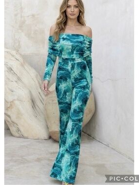 Club L London Bardot Jumpsuit Off the Shoulder Flared Mesh Blue Mint Glam NWT 2